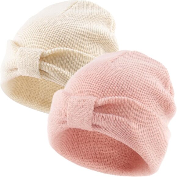 Soft Acrylic Baby Winter Beanie with Bow - 0-6 Months, Beige & Pink - Picture 1 of 6